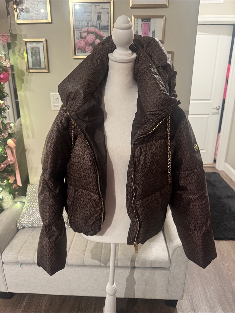 Michael Kors Dark Brown Quilted Puffer Jacket with Gold Chain Trim